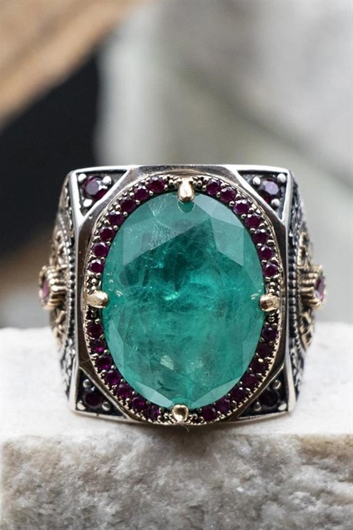 Yeşil%20Paraiba%20Taşlı%20Yanları%20Zirkon%20Taş%20Süslü%20925%20Ayar%20Gümüş%20Erkek%20Yüzük