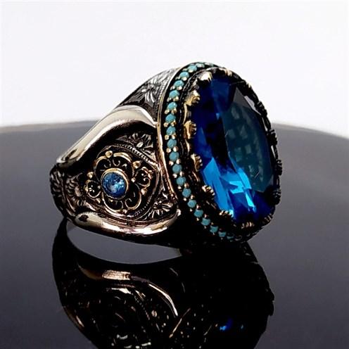 Blue Topaz Aquamarin Taşlı Gümüş Erkek Yüzük